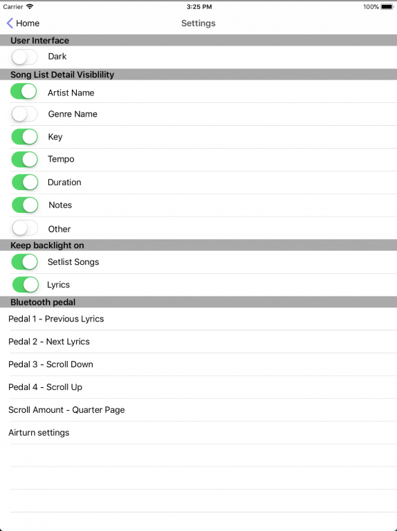 Settings in Setlist Helper for iOS