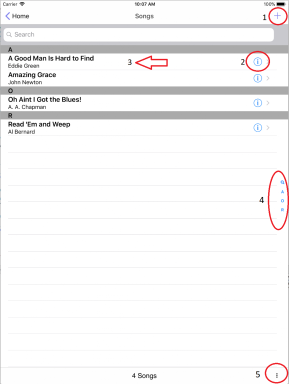 Songs view in setlist helper for iOS