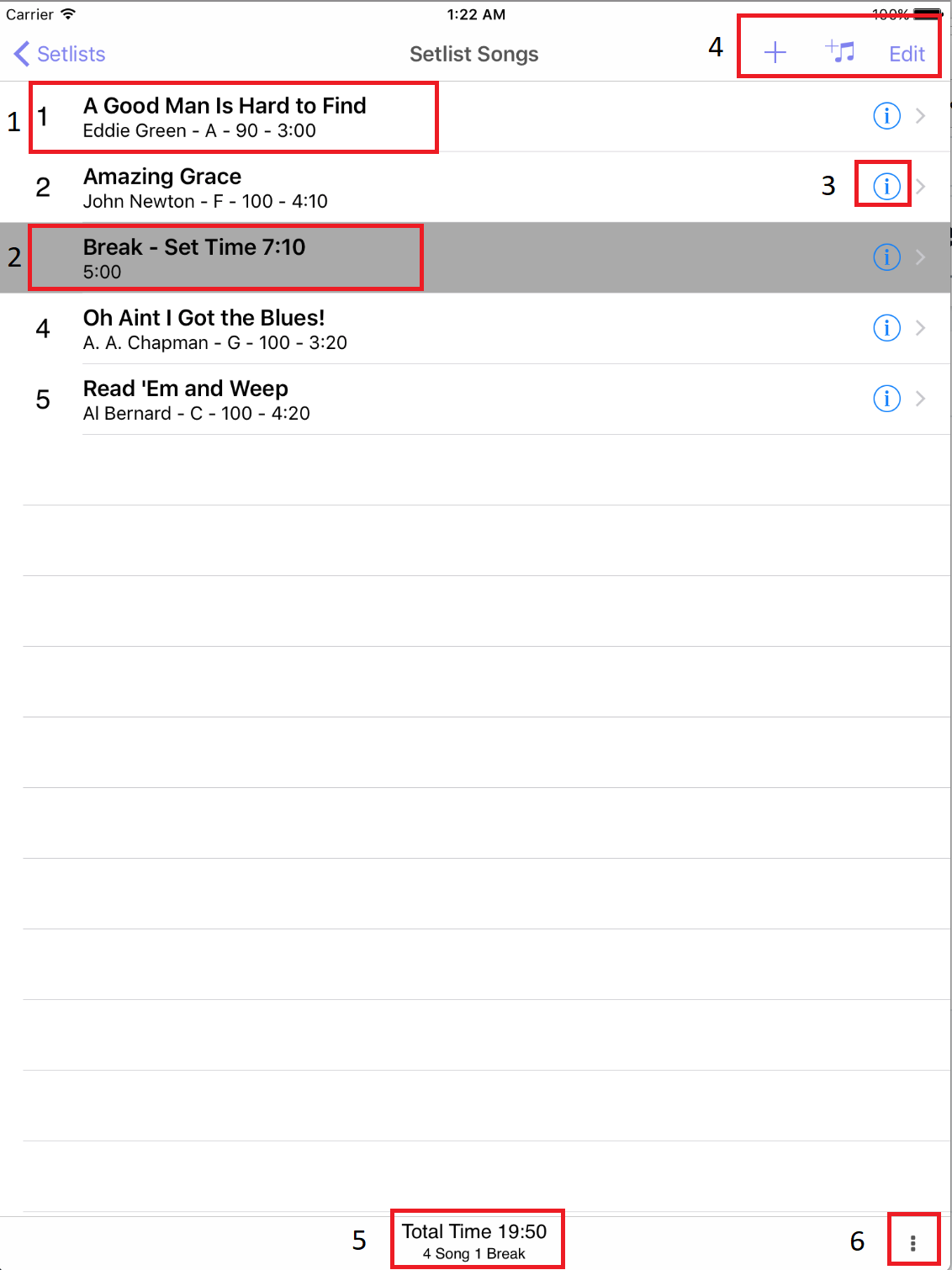 Setlist Songs View in Setlist Helper for iOS